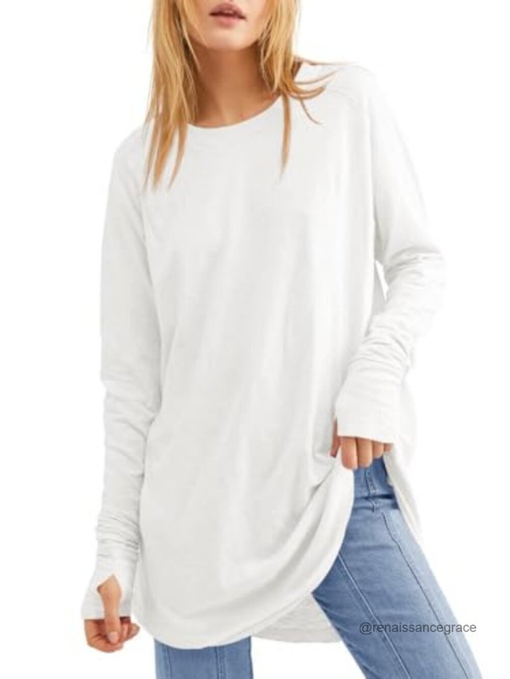Womens Long Sleeve Tunic Top Thumb Holes Loose Fit Crew Neck Pullover